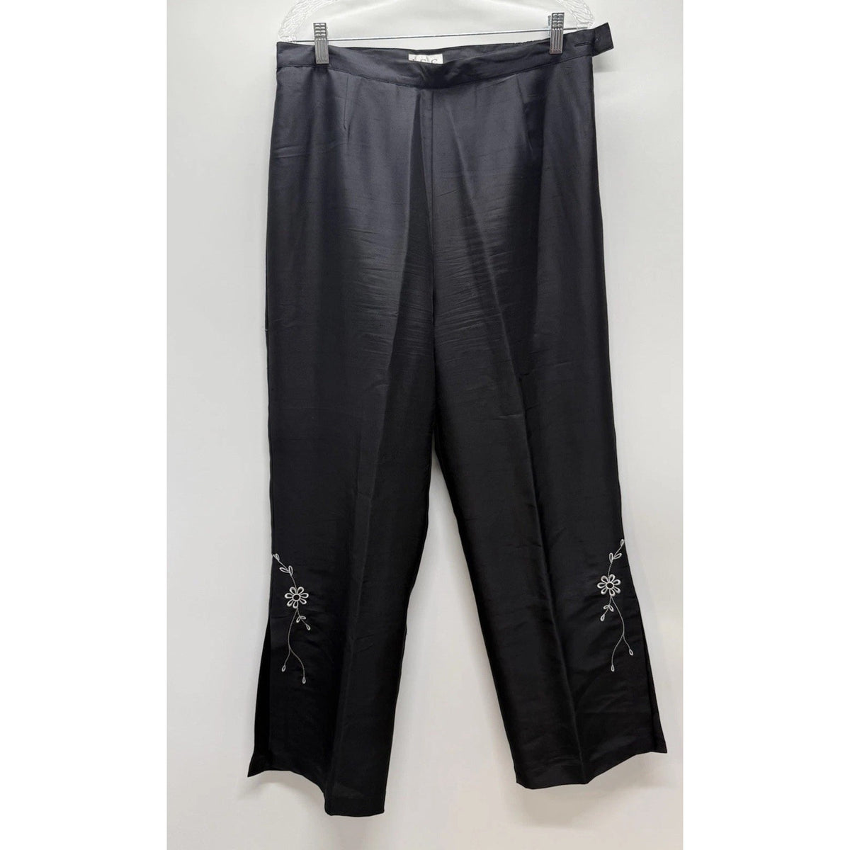 ISC Womens Silk Pants Black Embroidered Leg Side Slit Sz L, Lined