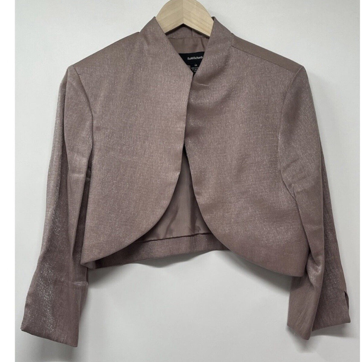 R&M Richards Shimmering , Metallic Bolero Evening Jacket Women’s Size 14 Mauve