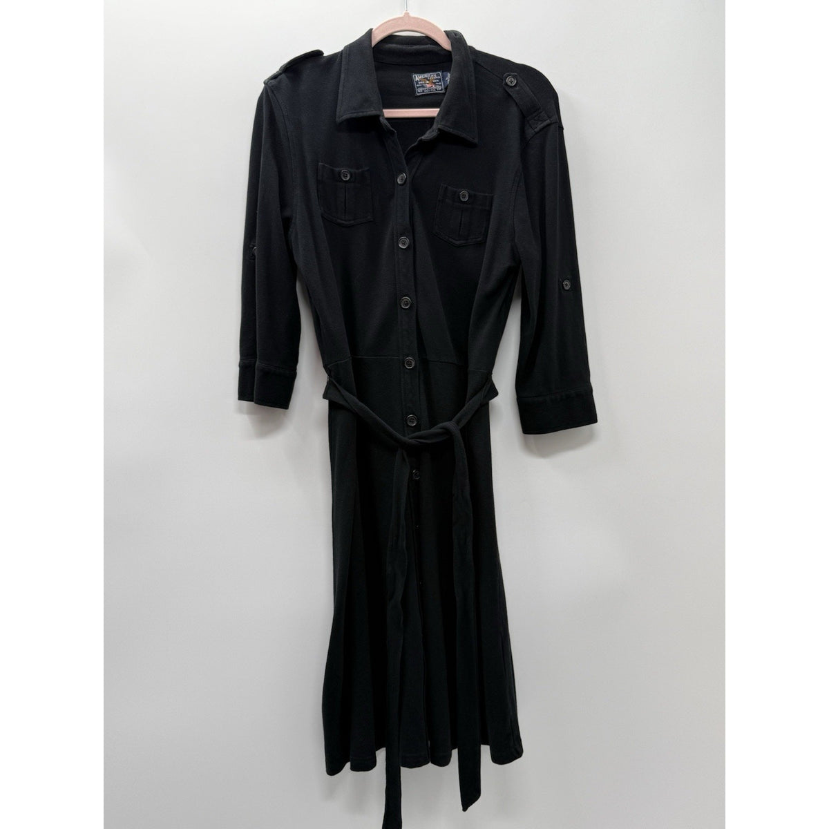 American Living Black Shirt Dress Belted Button Front Roll Tab Sleeve Medium