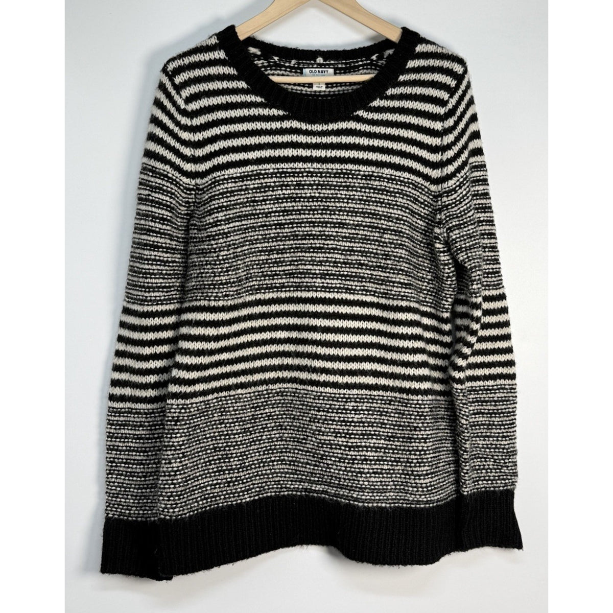 Old Navy Black White Striped Wool Blend Knit Sweater Womens L Cozy Pullover