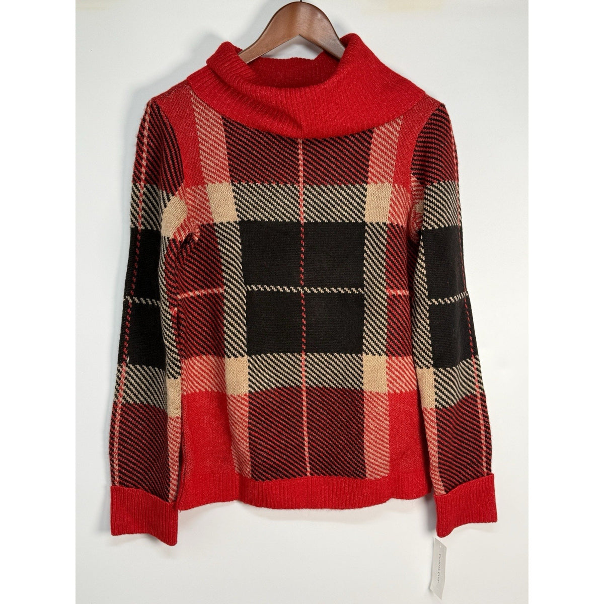 Charter Club Plaid Cowl Neck Sweater Womens XS Red Black Tan Cozy Knit
