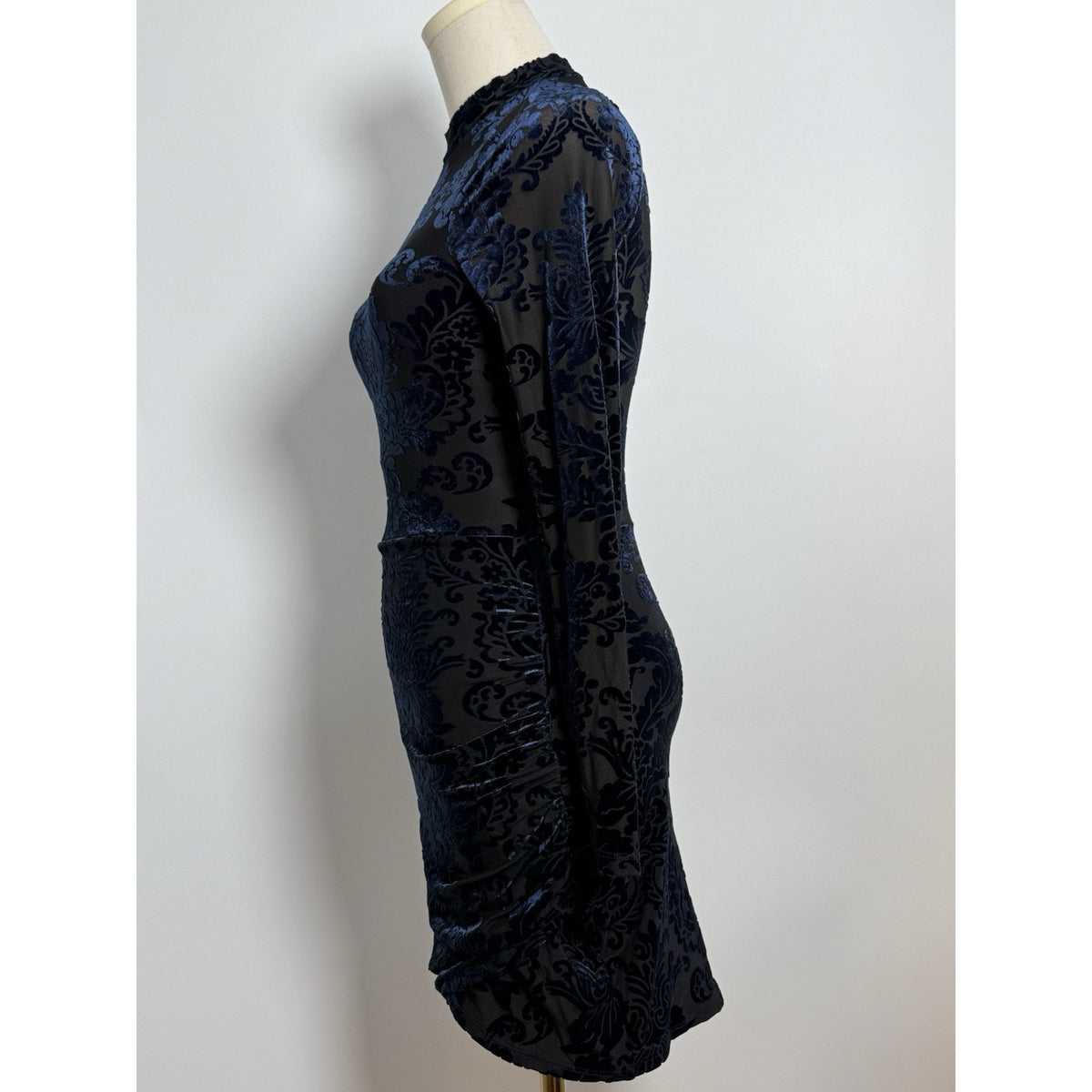 Windsor XS Navy/Black Burnout Velvet Damask Bodycon Mini Mock Neck long sleeve