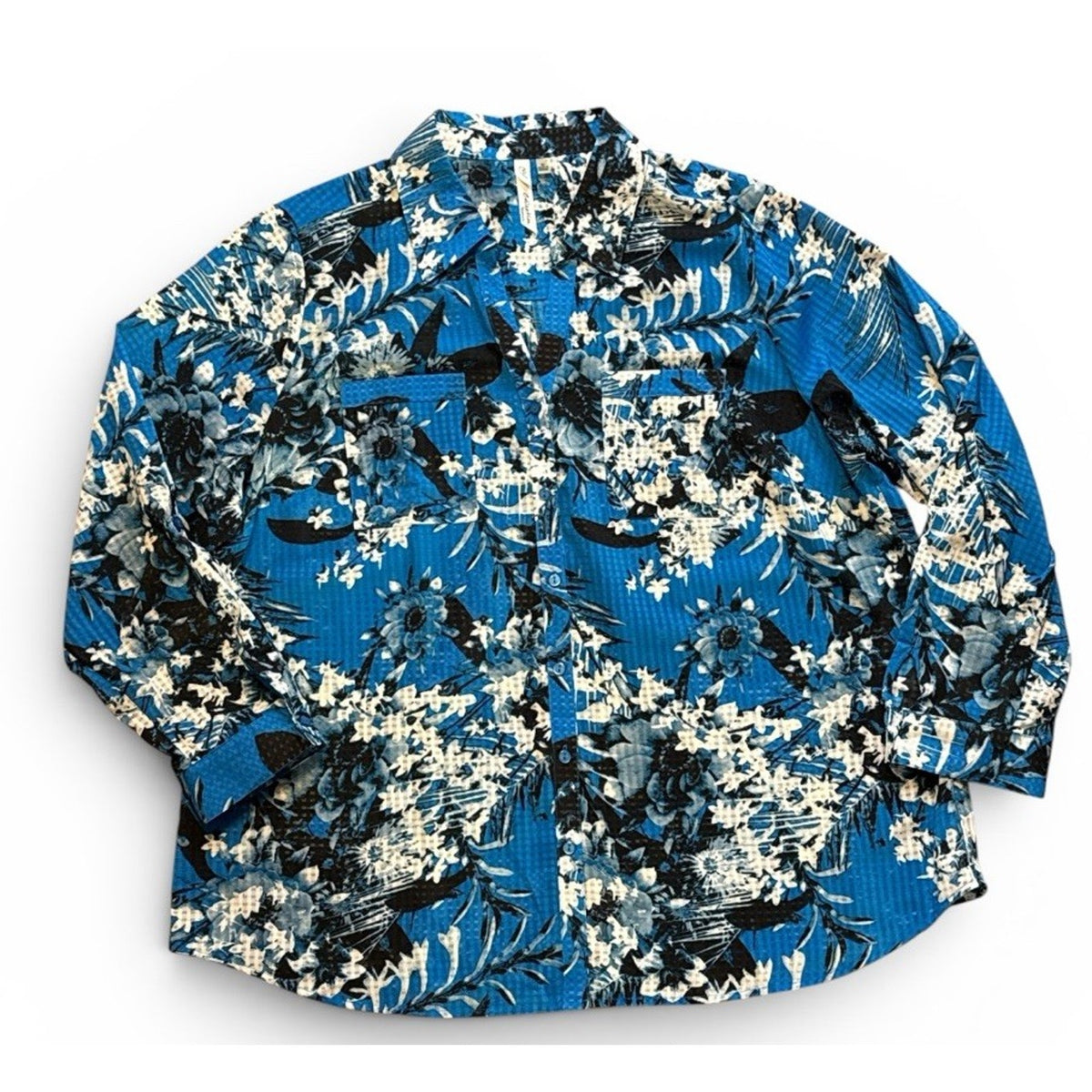 NY Collection Woman Blue Black Floral Blouse Top 3X Roller Tab Sleeve