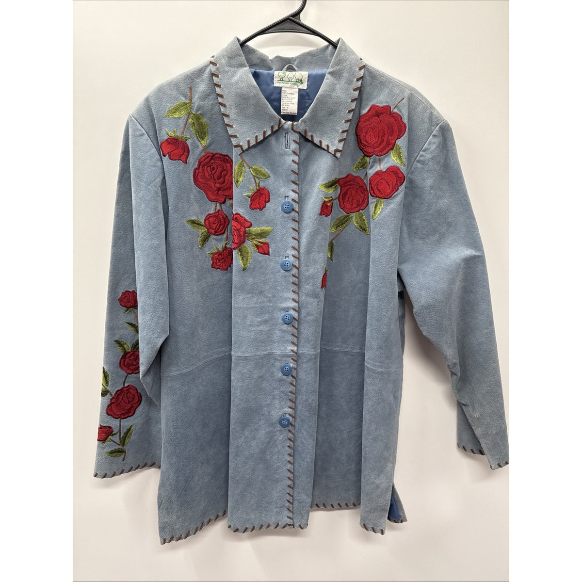 QUACKER FACTORY Womens Blue Suede Leather Red Roses Jacket Coat - Sz XL