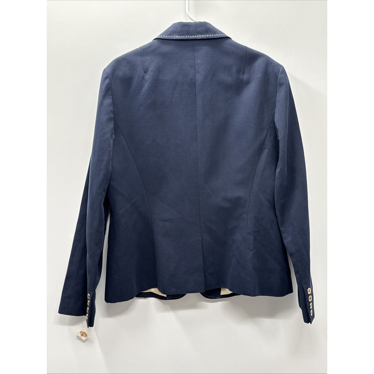 Talbots Blazer Womens 14 Navy Cotton Linen Lined Jacket Contrast Stitch