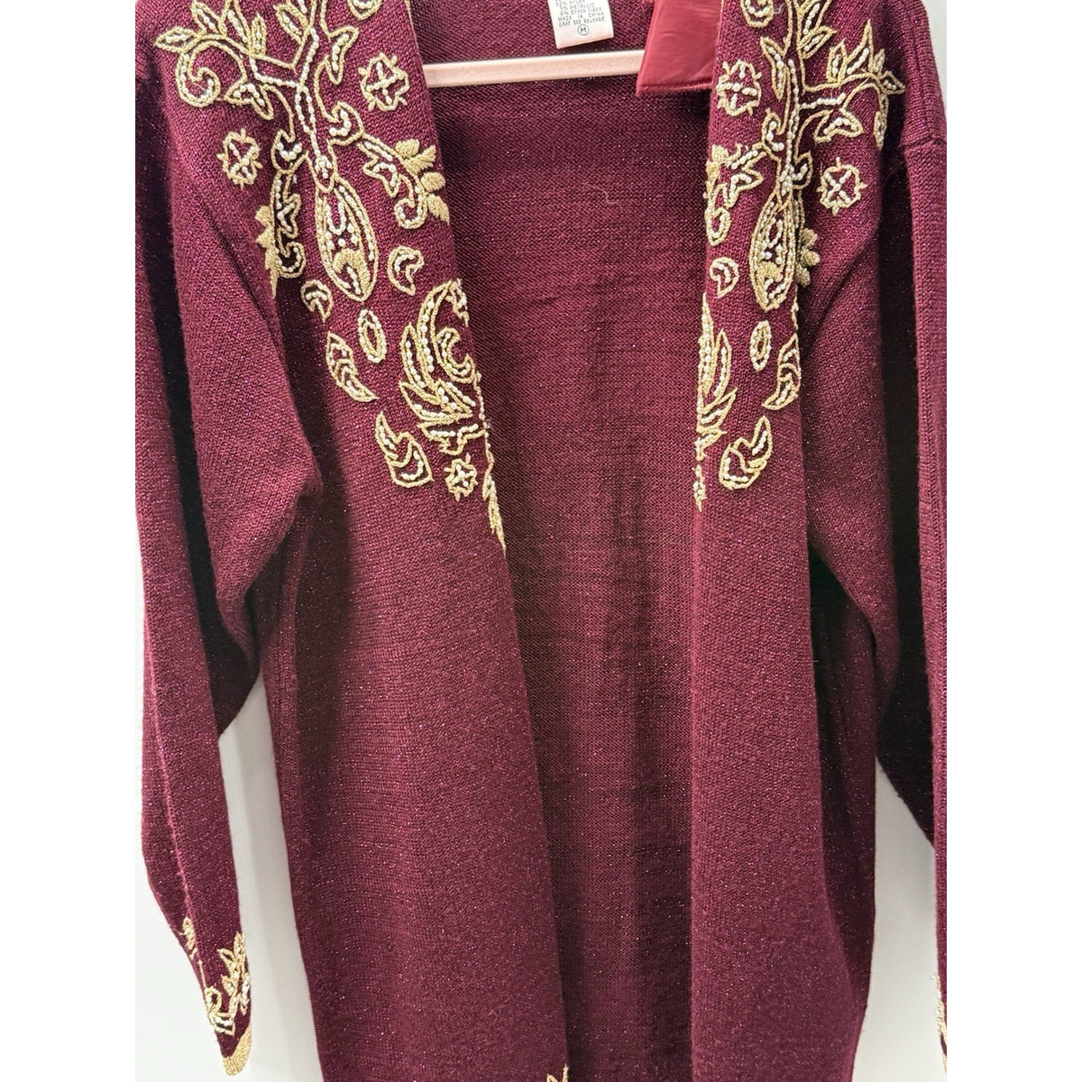 Vintage Jaclyn Smith Cardigan M Burgundy Gold Beaded Metallic Embroidered