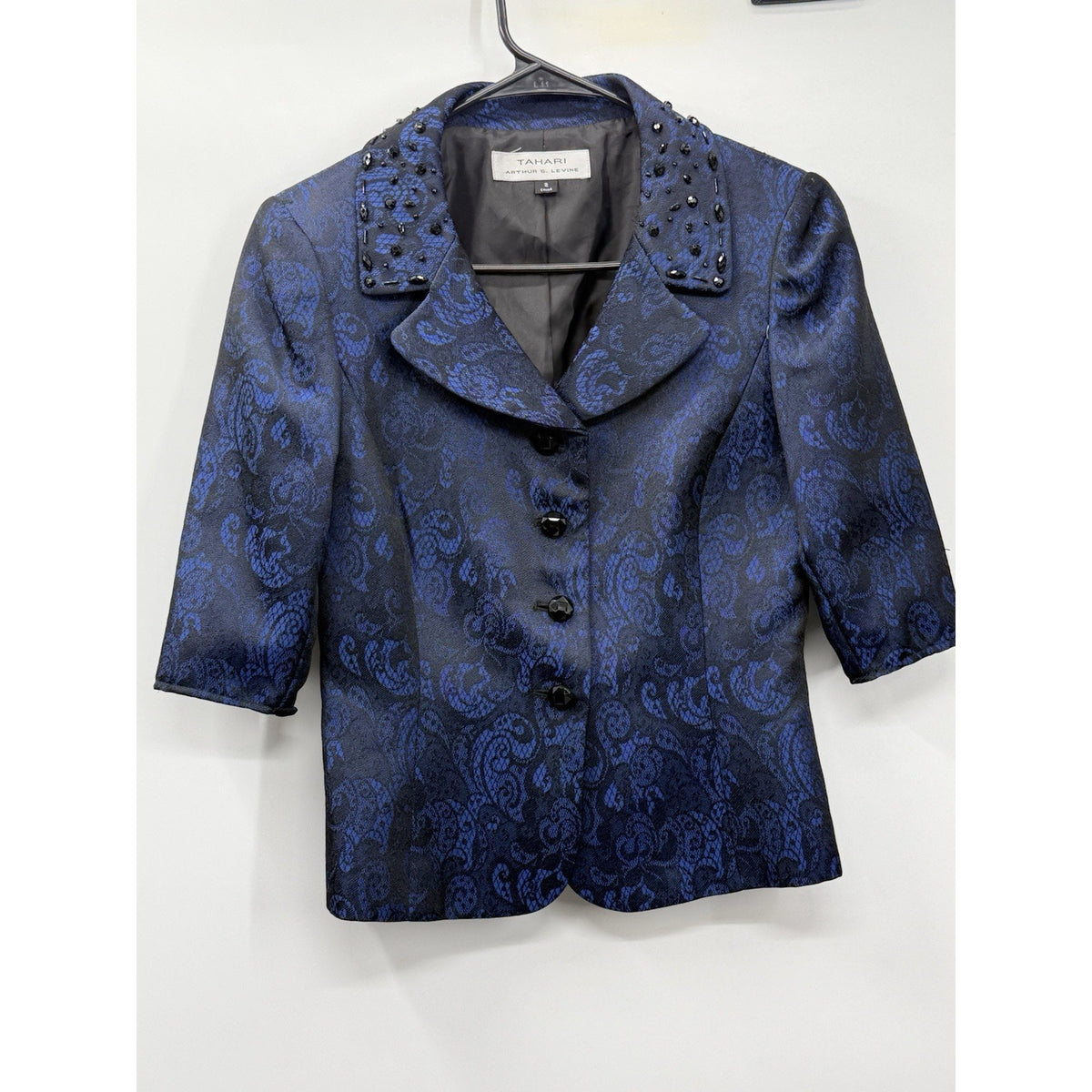 Tahari Cropped Jacquard Blazer Blue Black Beaded Collar Evening Size 2