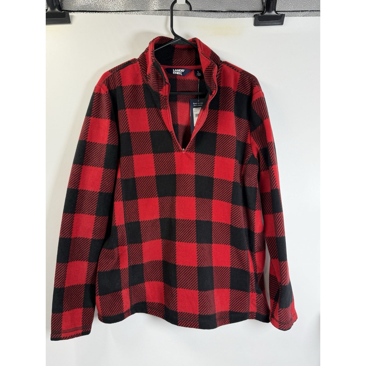 Lands End Women's L Buffalo Plaid Fleece 1/4 Zip Pullover Red Black NWT Flawed