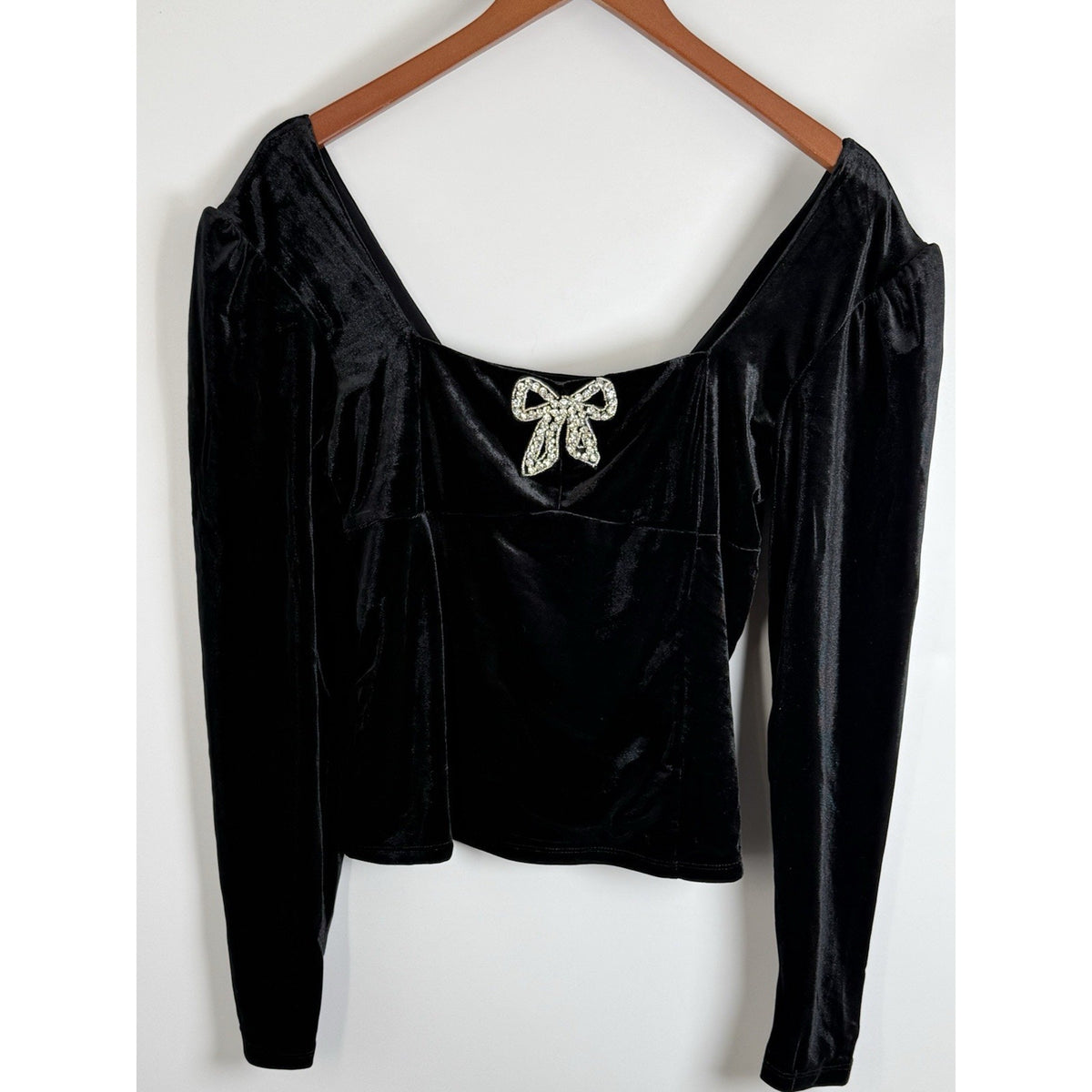 Rachel Zoe Black Velvet Rhinestone Bow Top Size L Long Sleeve Stretch