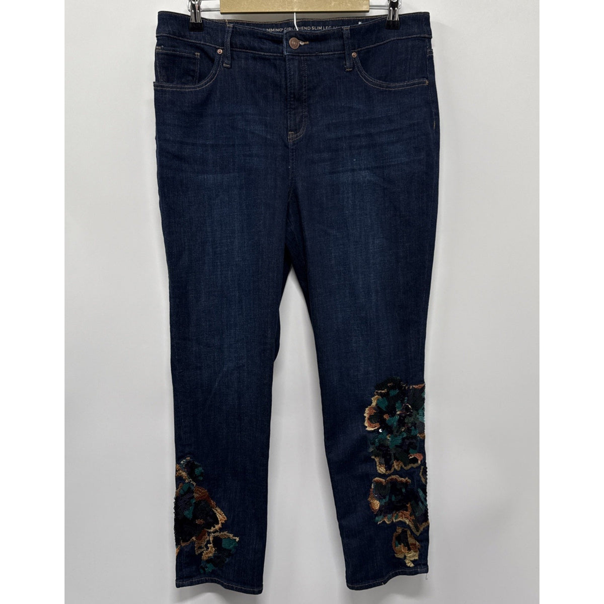 Chico’s So Slimming Girlfriend Jeans Women 12 Sequin Embroidered Ankle Denim Pan