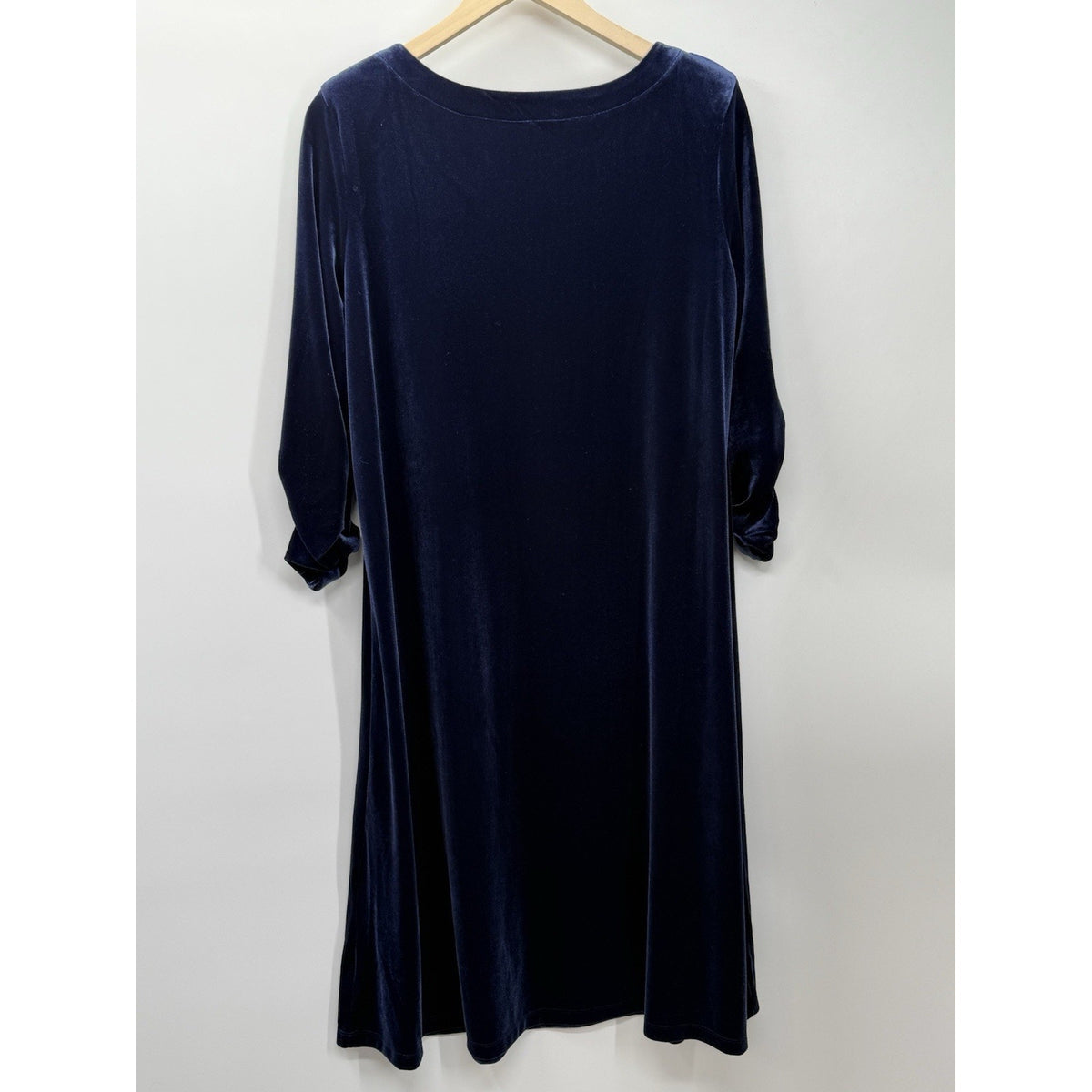 Susan Graver L Velvet Dress Navy Midi Ruched Sleeve Stretch Elegant Soft