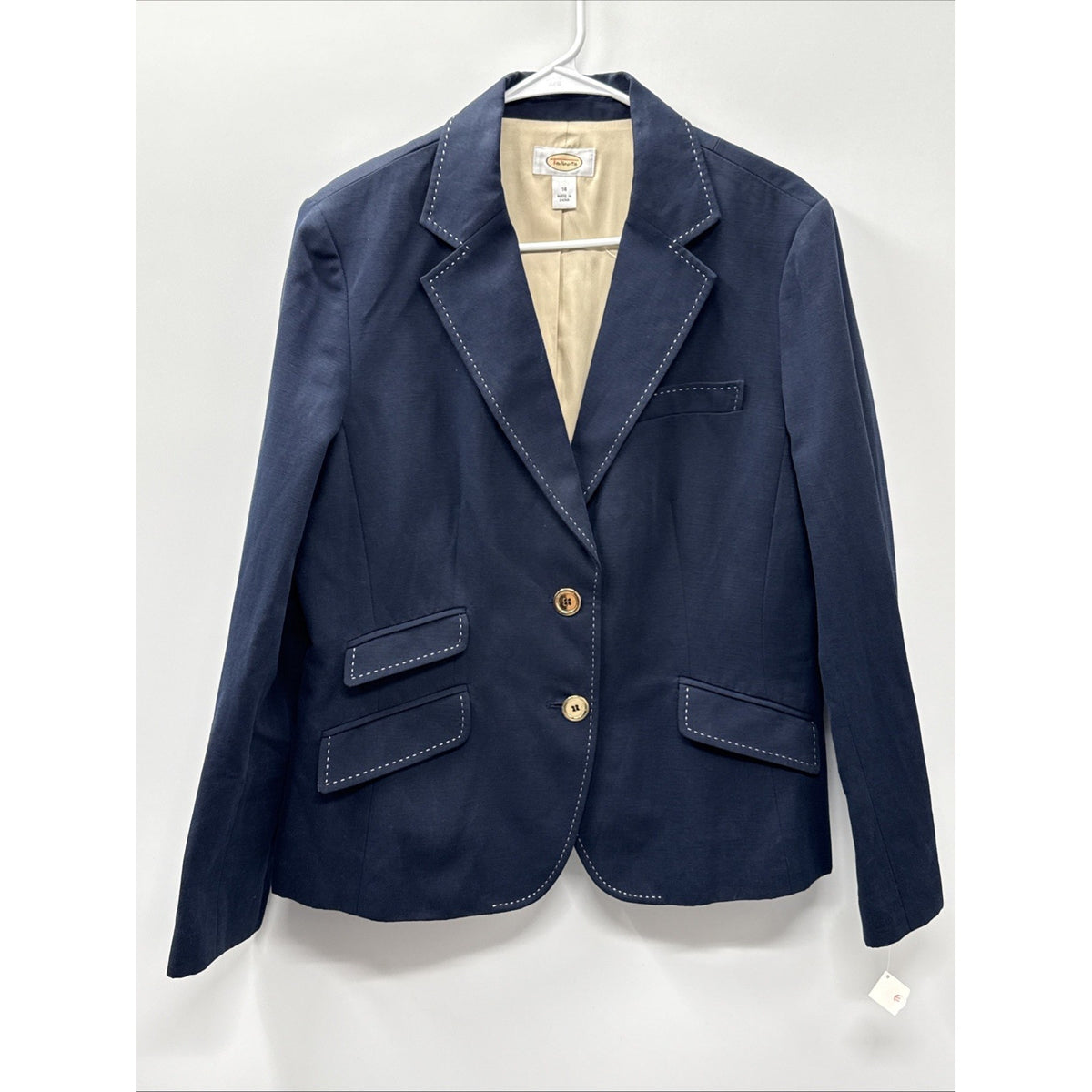 Talbots Blazer Womens 14 Navy Cotton Linen Lined Jacket Contrast Stitch