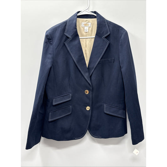 Talbots Blazer Womens 14 Navy Cotton Linen Lined Jacket Contrast Stitch