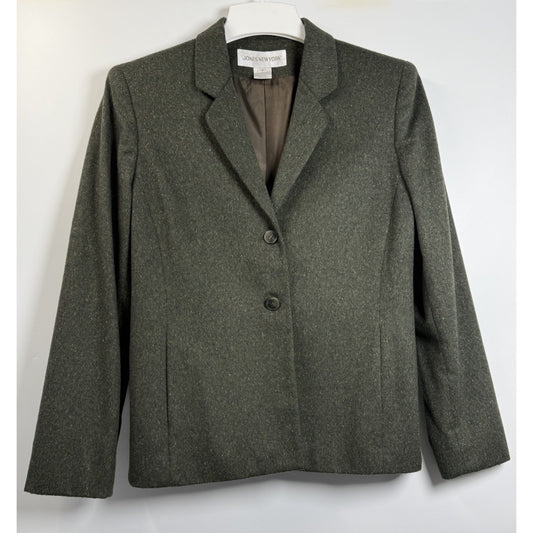 Jones New York Wool Blazer Womens 8 Green Double Vent Jacket Classic Academia