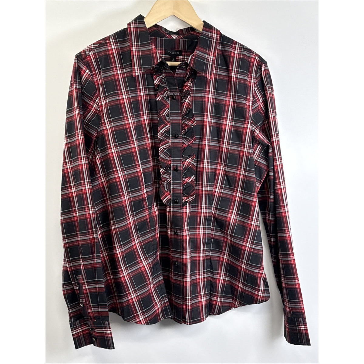 Talbots Women Size 16 Red Black Plaid Ruffle Front Button Down Stretch Shirt NWT