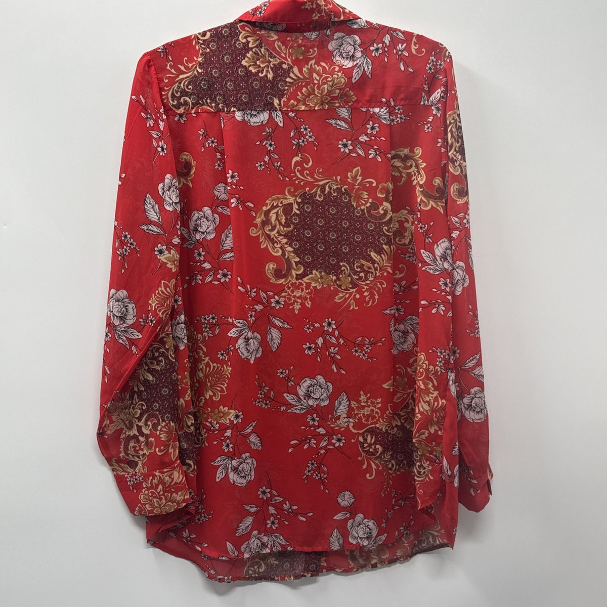 Roaman’s 16W Red Floral Boho Button Front Tunic Blouse Sheer Long Sleeve