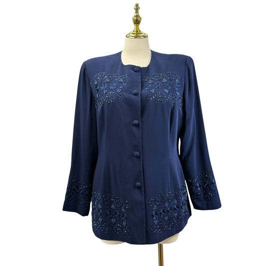 Justin Taylor Beaded Jacket Navy Blue Embellished Blazer Whimsigoth 18 Vintage