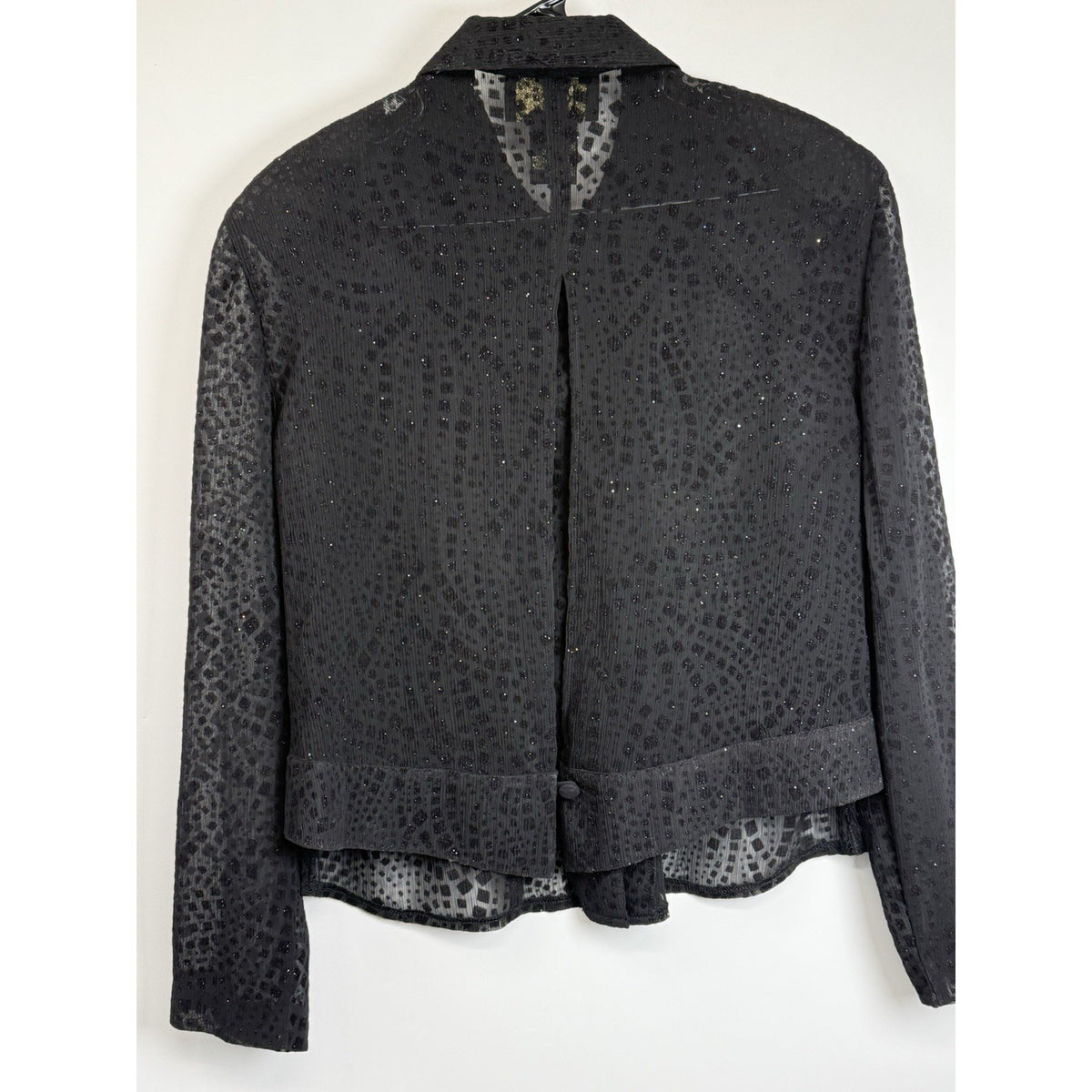 R&K Evening Black Sheer Open Back Textured Blouse 14W Button Front Shimmer Top