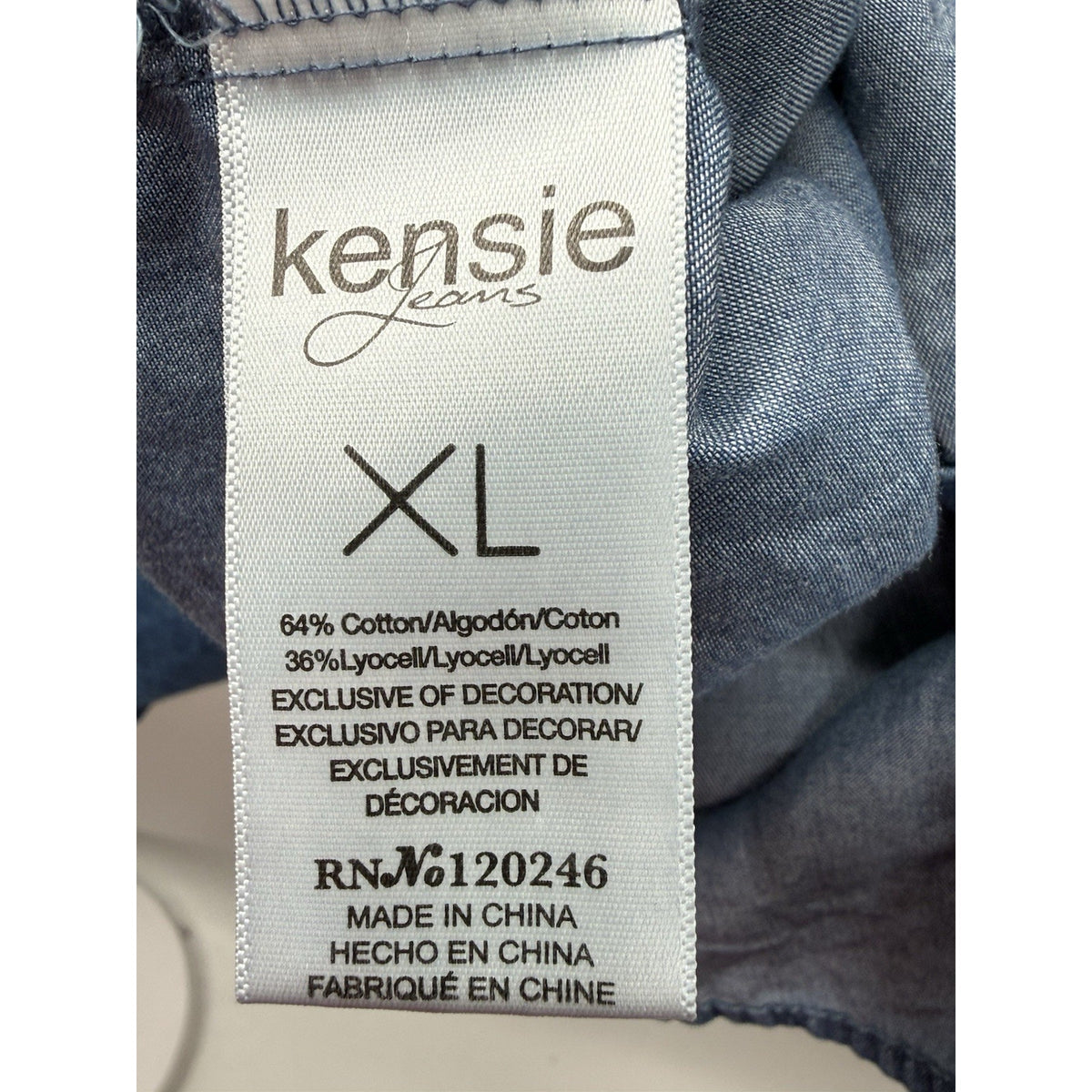 Kensie Jeans XL Chambray Button-Up Blouse Blue Ruffle Tie Neck Lyocell Top