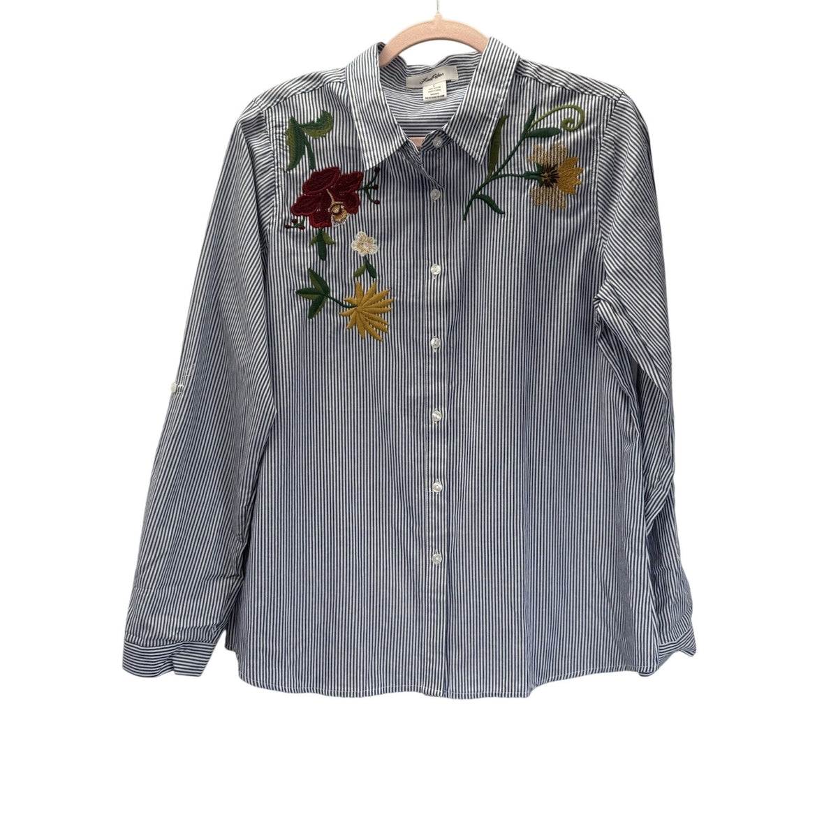Love Potion Striped Blue White Embroidered Floral Collared Cotton Blouse Large