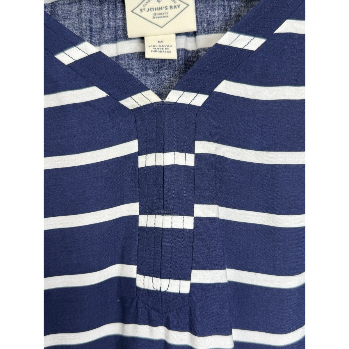 St John’s Bay Medium Blue White Striped Rayon Peasant Blouse Coastal Cottage