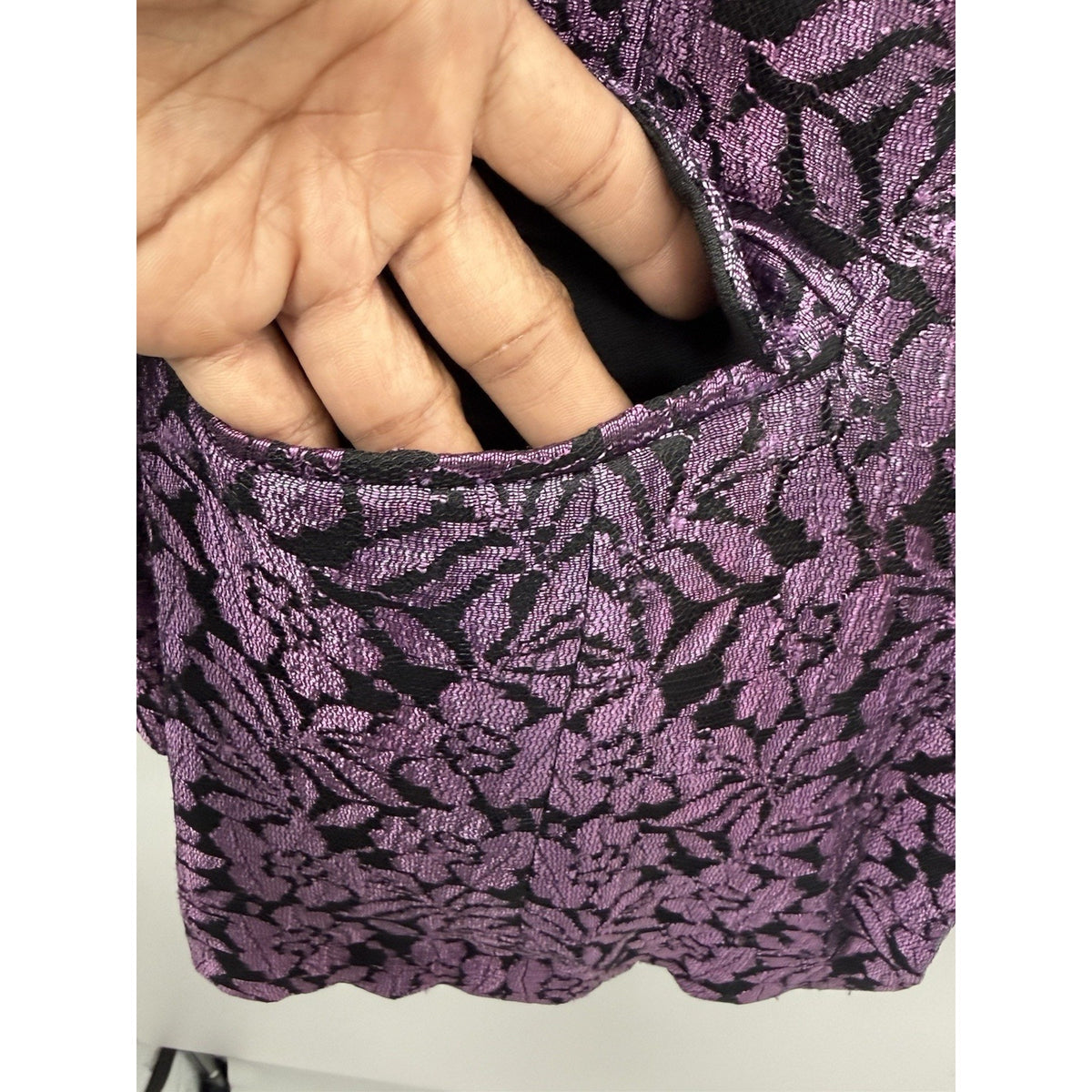 QPS Size 12 Purple Black Floral Brocade Blazer Jacket Pockets Lined Statement