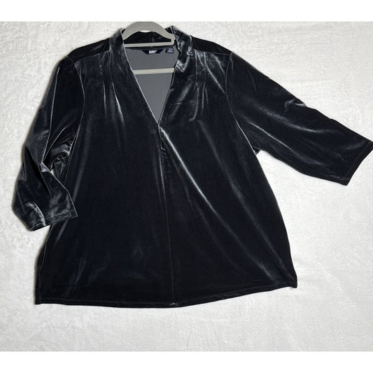 Lands End Womens 3X Black Velvet Top Pullover V Neck Plus Size 24W 26W Holiday