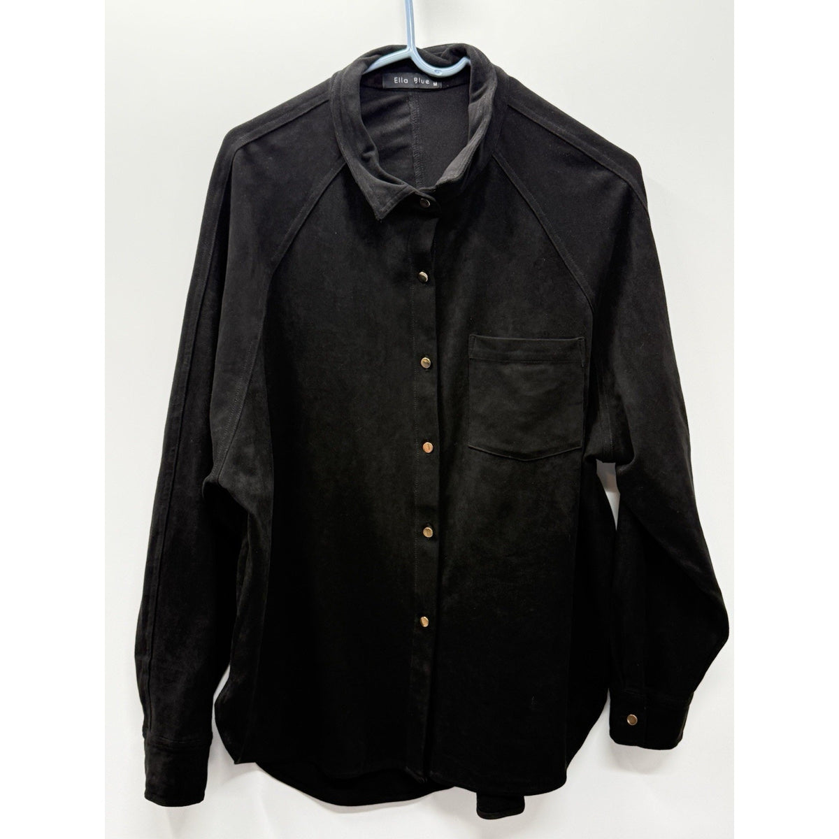 Ella Blue Faux Suede Shirt Jacket Black Button Front Stretch Shacket M