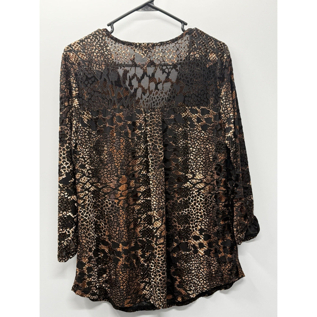 ROZ & Ali Animal Print Burnout Velvet Top Womens Large Sheer V Neck Blouse