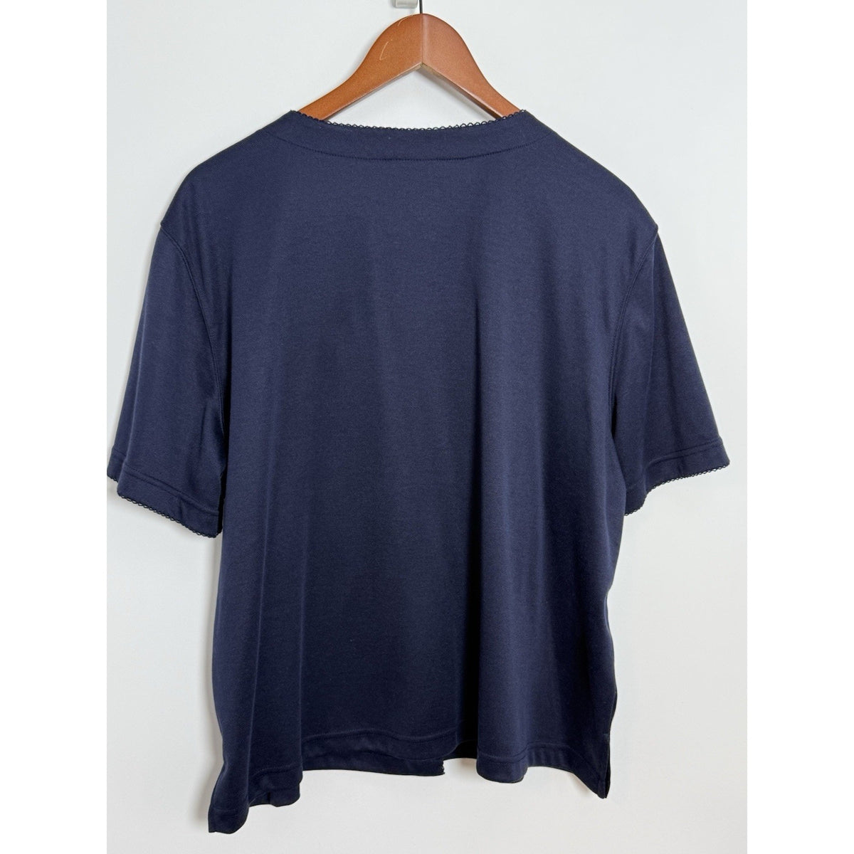 BonWorth Womens Petite XL Navy Knit Floral Embroidered Button Front SS Top