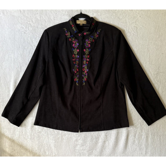 Notations Woman 1X Embroidered Jacket Black Floral Zip Front Boho Cottagecore