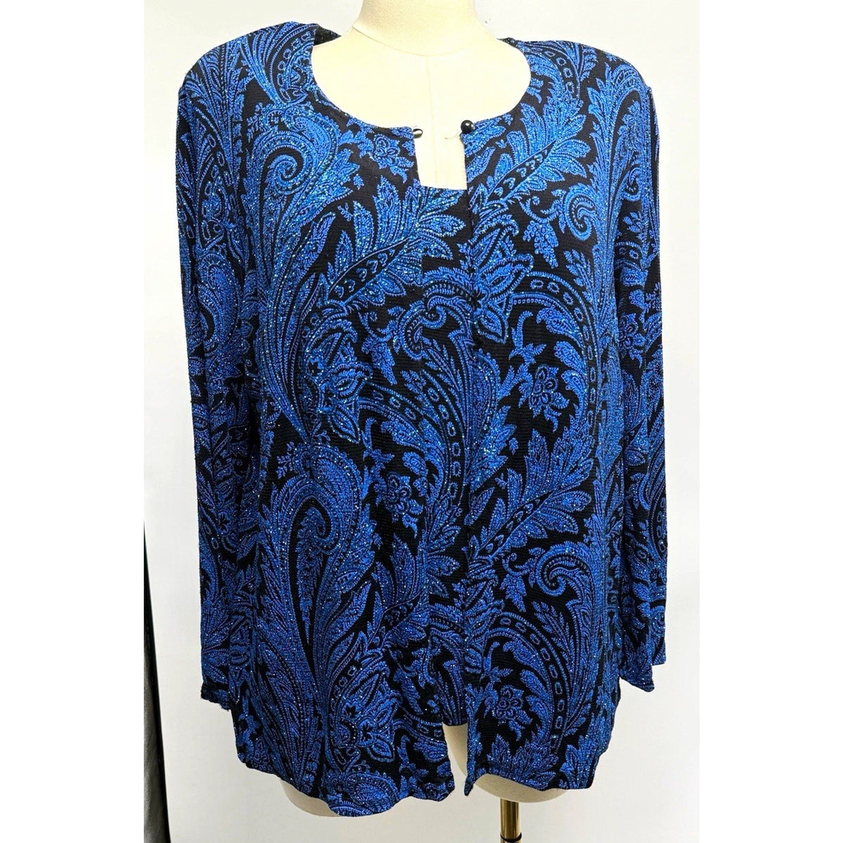 Onyx Nite Wendye Chaitin 2PC Knit Jacket Tank Set 1X Blue/Black Paisley Stretchy