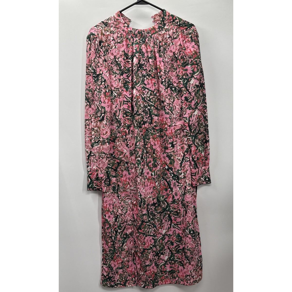 H&M Long Sleeve Pink & Green Midi Dress Size 4 High Neck Open Back Lightweight