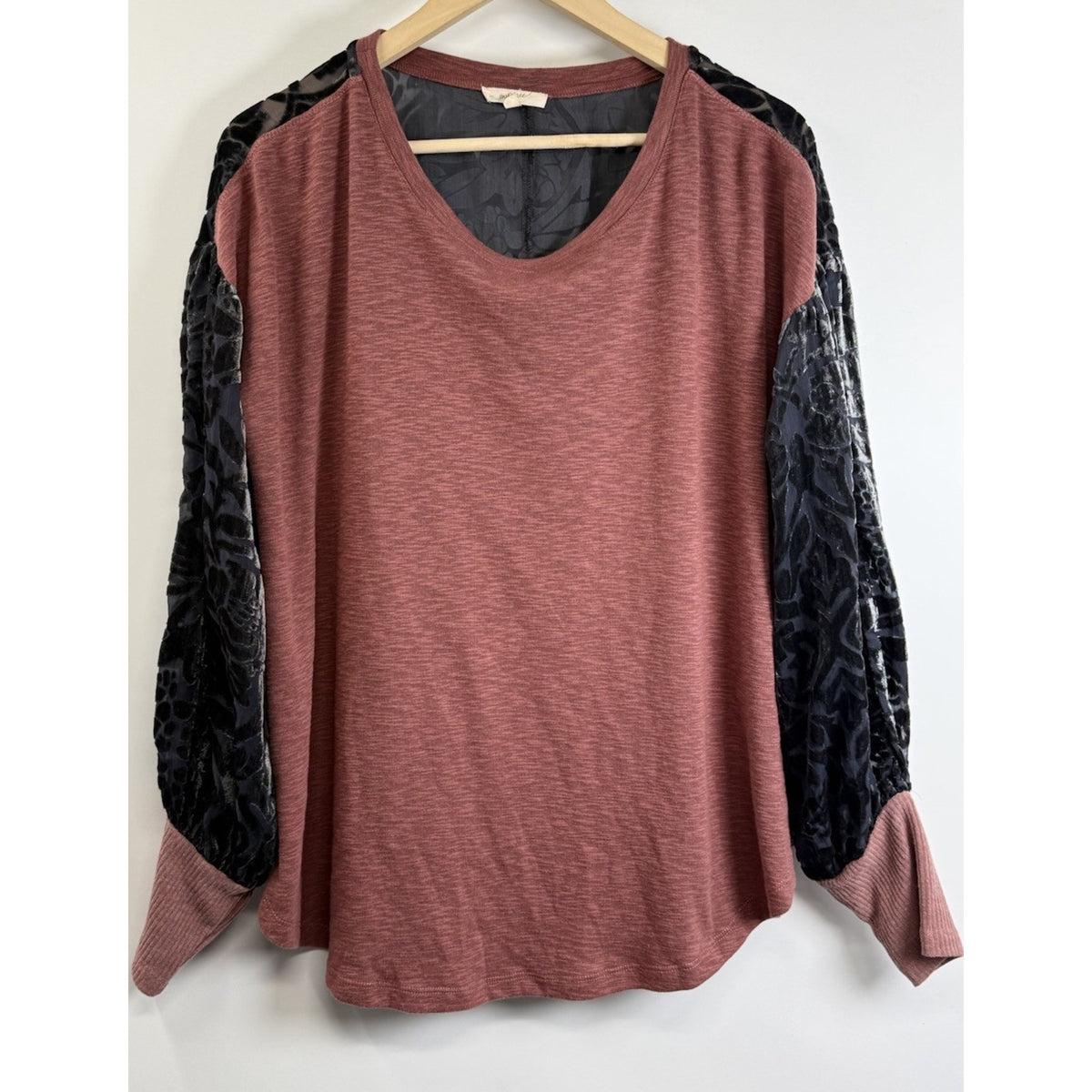 Mystree Velvet Burnout Sleeve Top Mauve Black Boho Romantic Blouse Women’s M