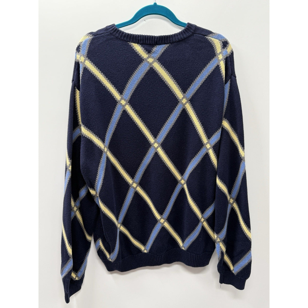 Alan Fusser Men L 100% Cotton Argyle Sweater Navy Blue Yellow Preppy Crewneck
