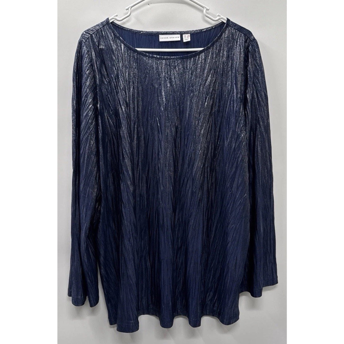 Susan Graver 1X Blue Metallic Crinkle Knit Top Shimmer 3/4 Sleeve
