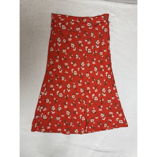 Old Navy Womens L Red Floral Midi Skirt Fluted Femme Rayon Pull On Cottagecore
