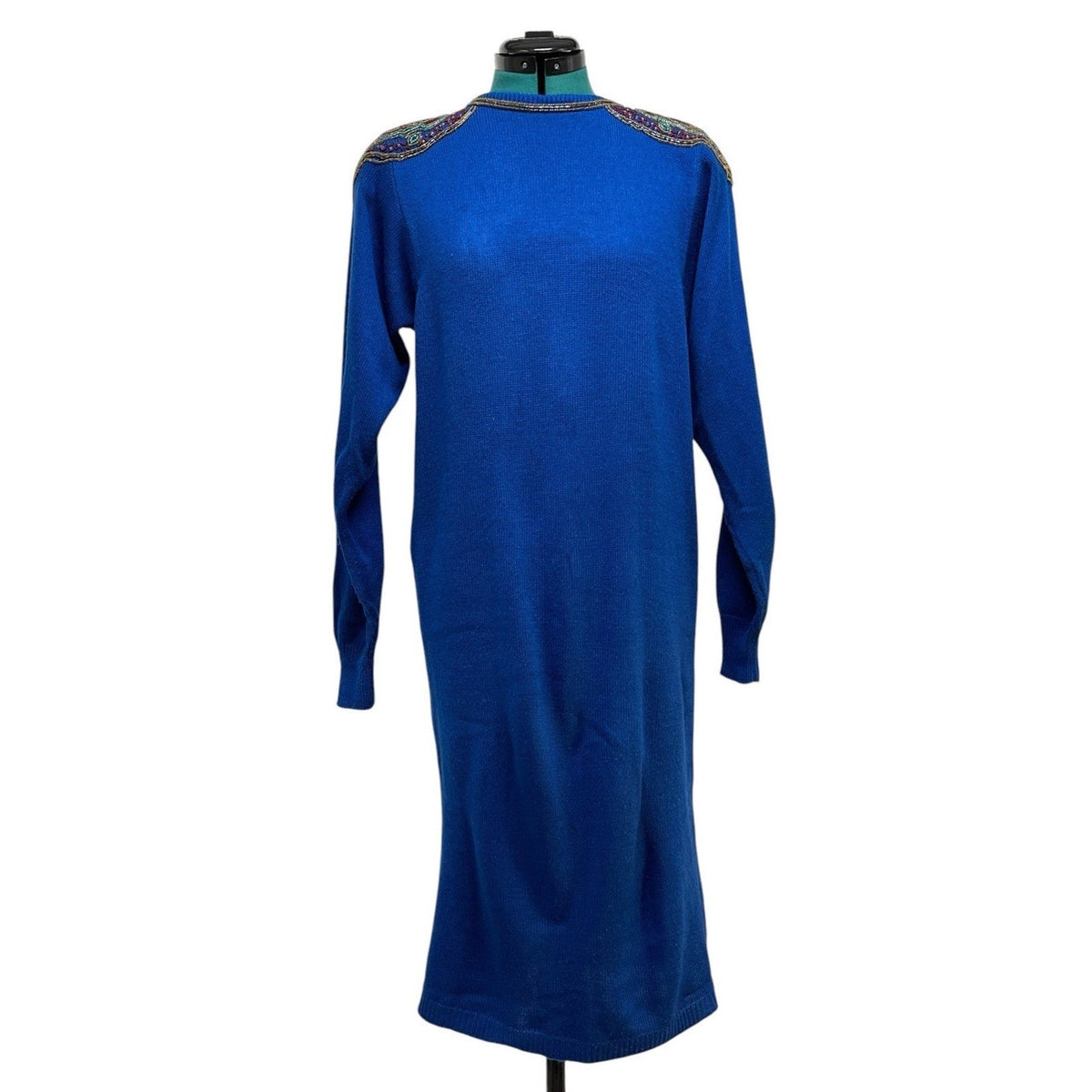 Plain Jane Vintage Blue Beaded Midi Length Long Sleeve Sweater Dress SizeMedium