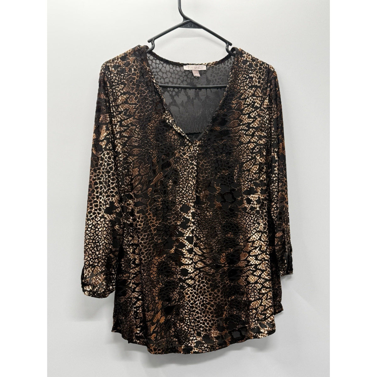 ROZ & Ali Animal Print Burnout Velvet Top Womens Large Sheer V Neck Blouse