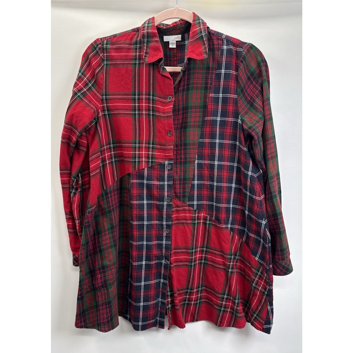 J Jill Button Up Tunic Top Women's XS Red Plaid A-Line Patchwork Pockets Casual
