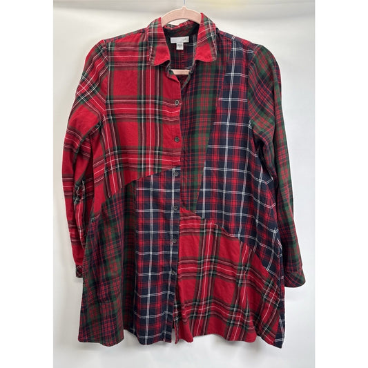 J Jill Button Up Tunic Top Women's XS Red Plaid A-Line Patchwork Pockets Casual