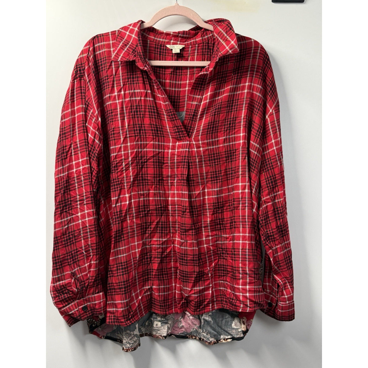 Cato Red Black Plaid Floral Back Tunic Top Pullover Oversized Size Large