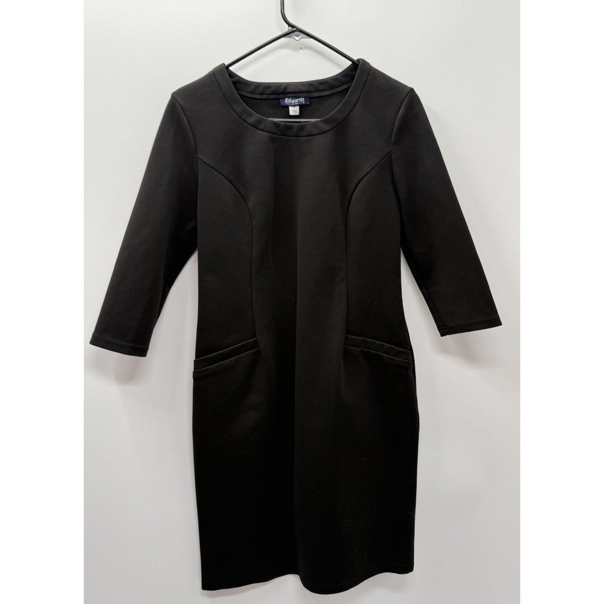 Edwards Black Sheath Dress Size 8 Career Office Stretch 3/4 Sleeve Pockets