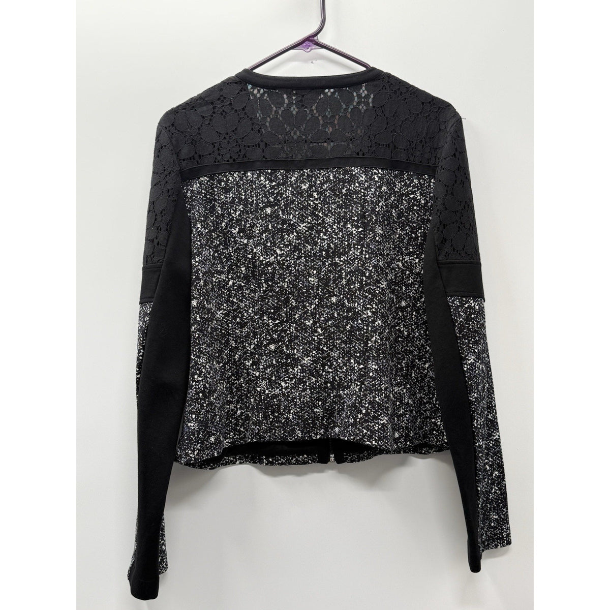 Cato Size 12 Black White Zip Front Jacket Lace Yoke Stretch Career Casual