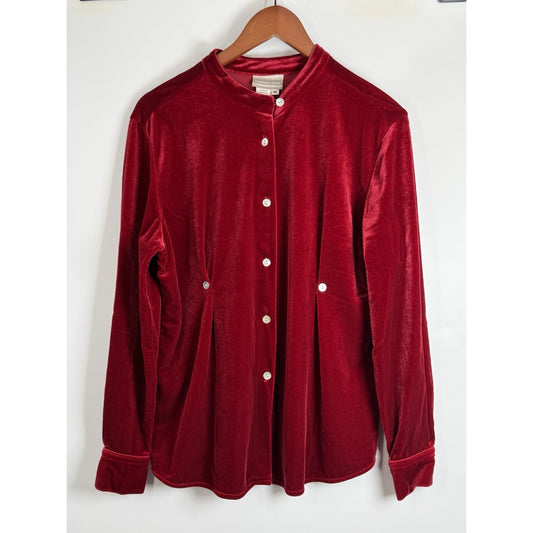 Coldwater Creek Red Velour Button Front Top Size M Stretch Long Sleeve