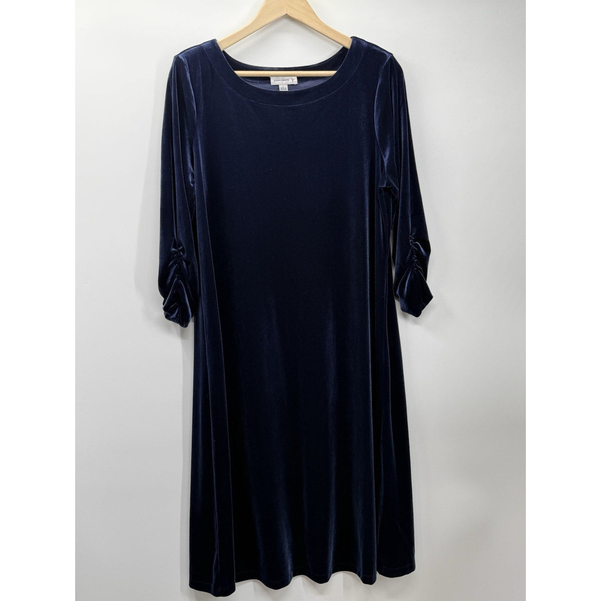 Susan Graver L Velvet Dress Navy Midi Ruched Sleeve Stretch Elegant Soft
