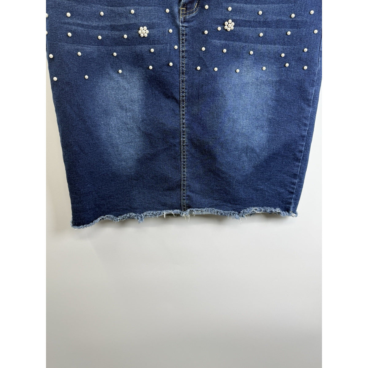 Plus Size Pearl Studded Denim Skirt 3XL Frayed Hem Stretch Jean