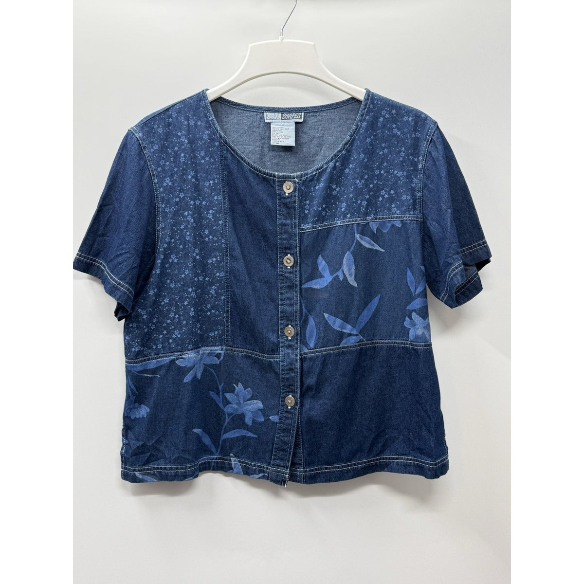 CM Shapes Womens M Blue Chambray Denim Floral Button Front Shirt 100% Cotton