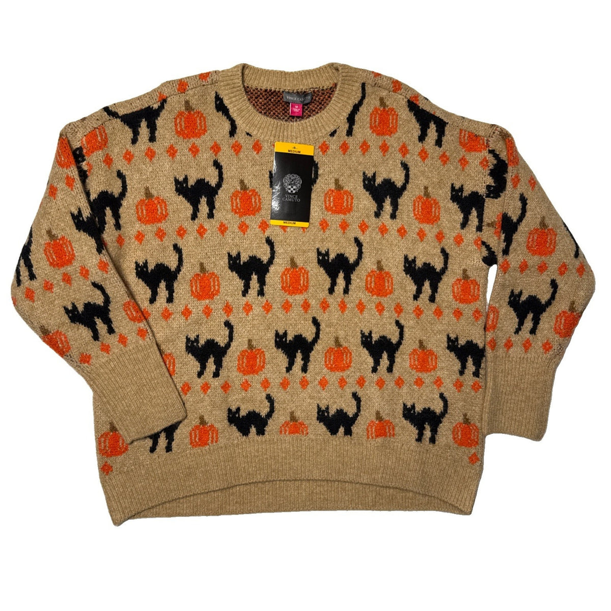 Vince Camuto Women's M Tan Knit Crew Neck Long Sleeve Halloween Cat Pumpkin NWT