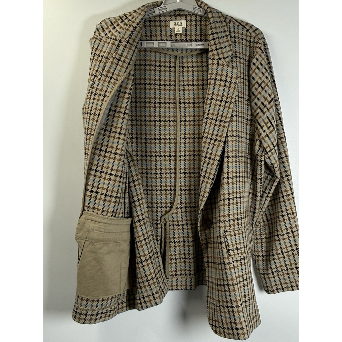 a.n.a Plaid Blazer Jacket XL Brown Blue Stretch Classic Preppy Academia